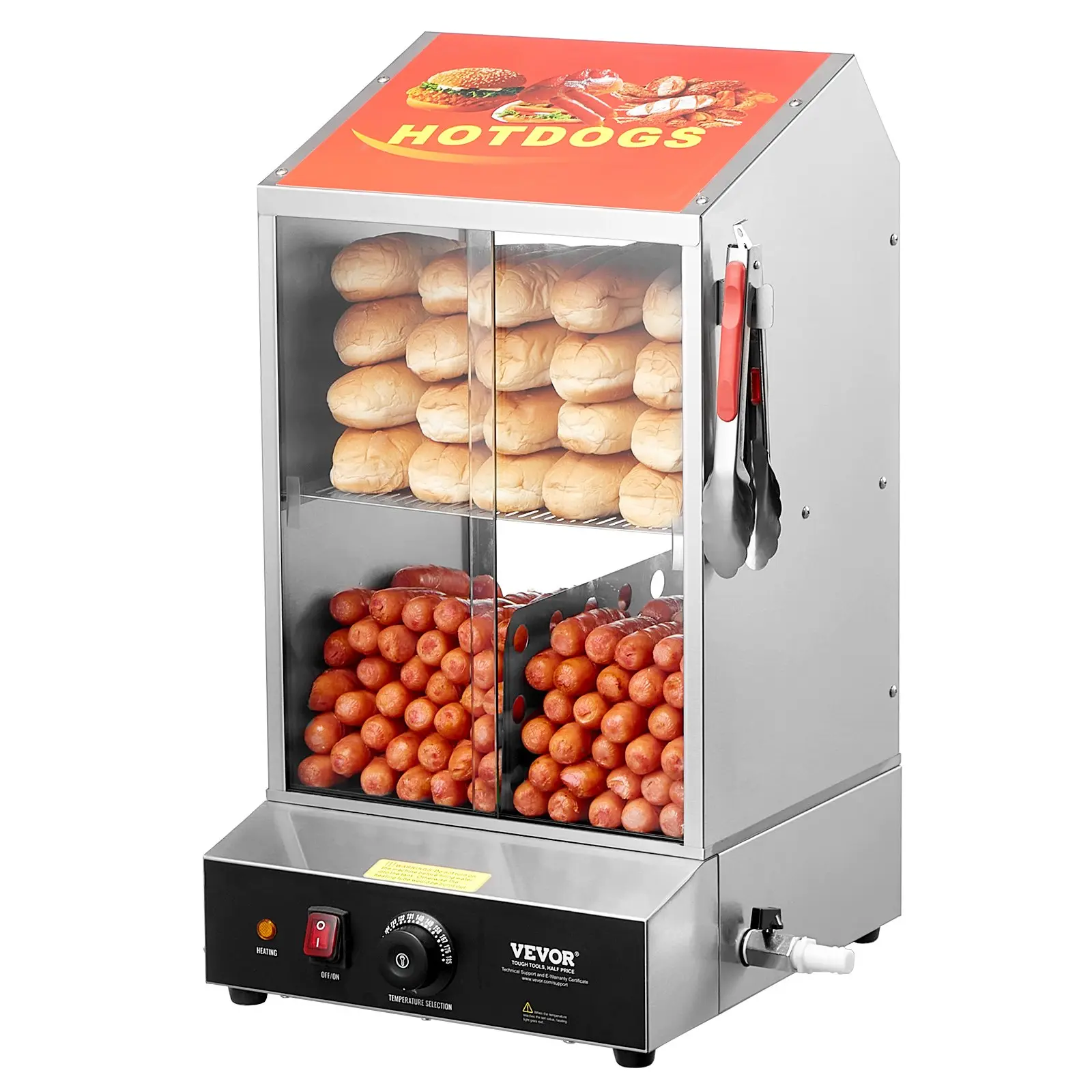 【Summerfinds】Stainless Steel VEVOR Hot Dog Steamer, 39QT 2-Tier Hut with Steam Heat, 86℉-185℉ Temp Control, 13.58x14.96x25.2 Inch Electric Bun Warmer, Sliding Tempered Glass Doors, Partition Plate & Tong, Sliding Doors