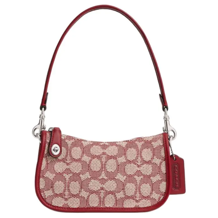COACH Swinger 20 Logo-Print Jacquard Handbag for Women, Small Size, Ruby Ivory