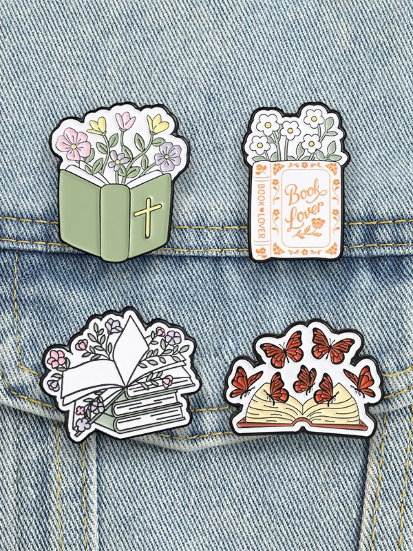 4pcs Literary Floral Book Enamel Pins, Butterfly Daisy Bible Flower Brooches, Book Lover Cartoon Badges, Cottagecore Decor Accessories