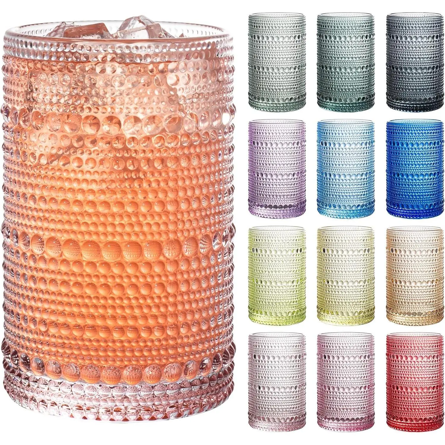 Sturdy European Retro Hobnail Tumblers Set of 12, 13oz Colorful Embossed Beaded Bubble Glass Cups for Kitchen, Party Drinks & Whiskey