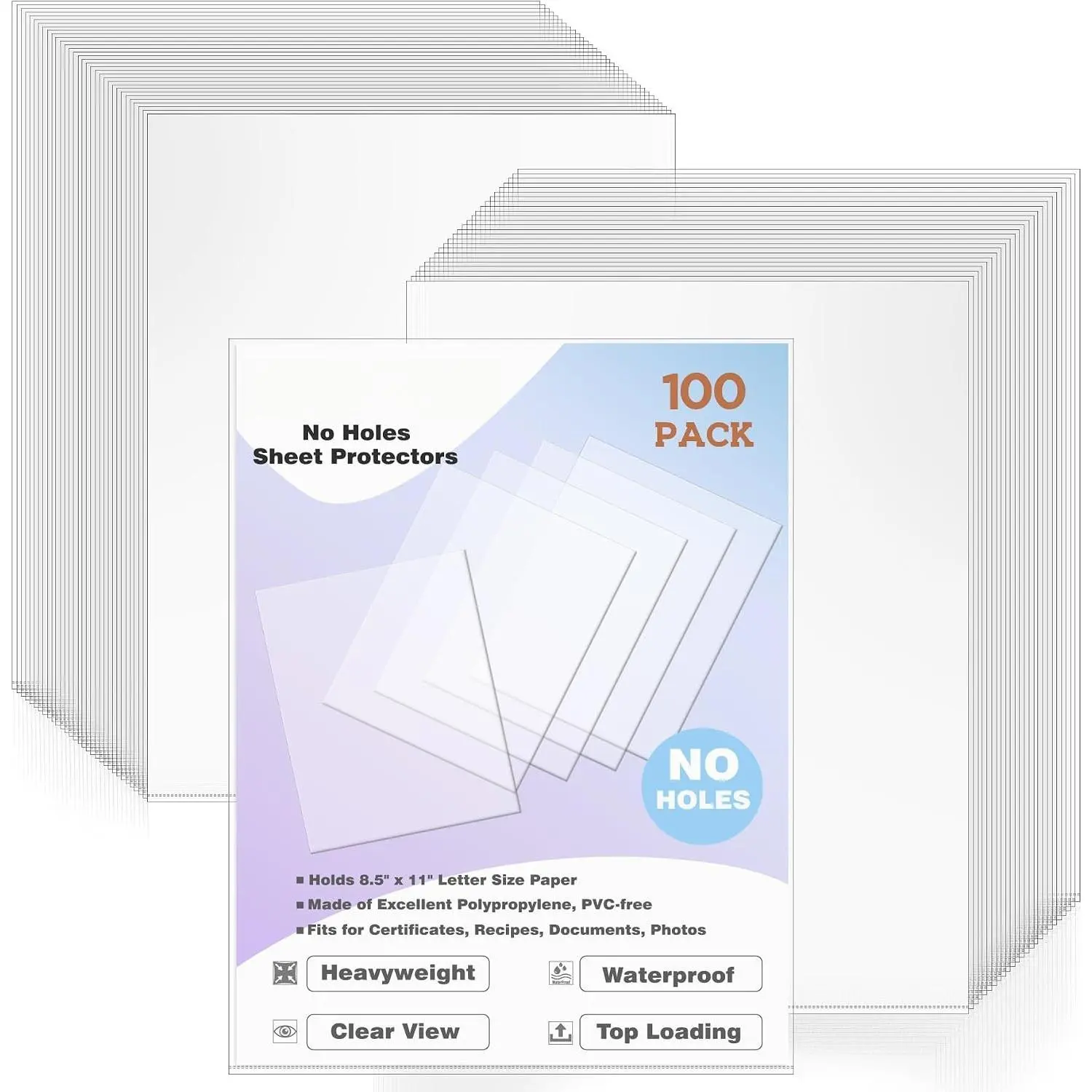 50 Pack No Holes Sheet Protectors 8.5 x 11 Inch Letter Size Page Protectors for Documents, Prints, Top Loading Heavyweight Clear View Plastic Sleeves for Papers, Artworks, Photos