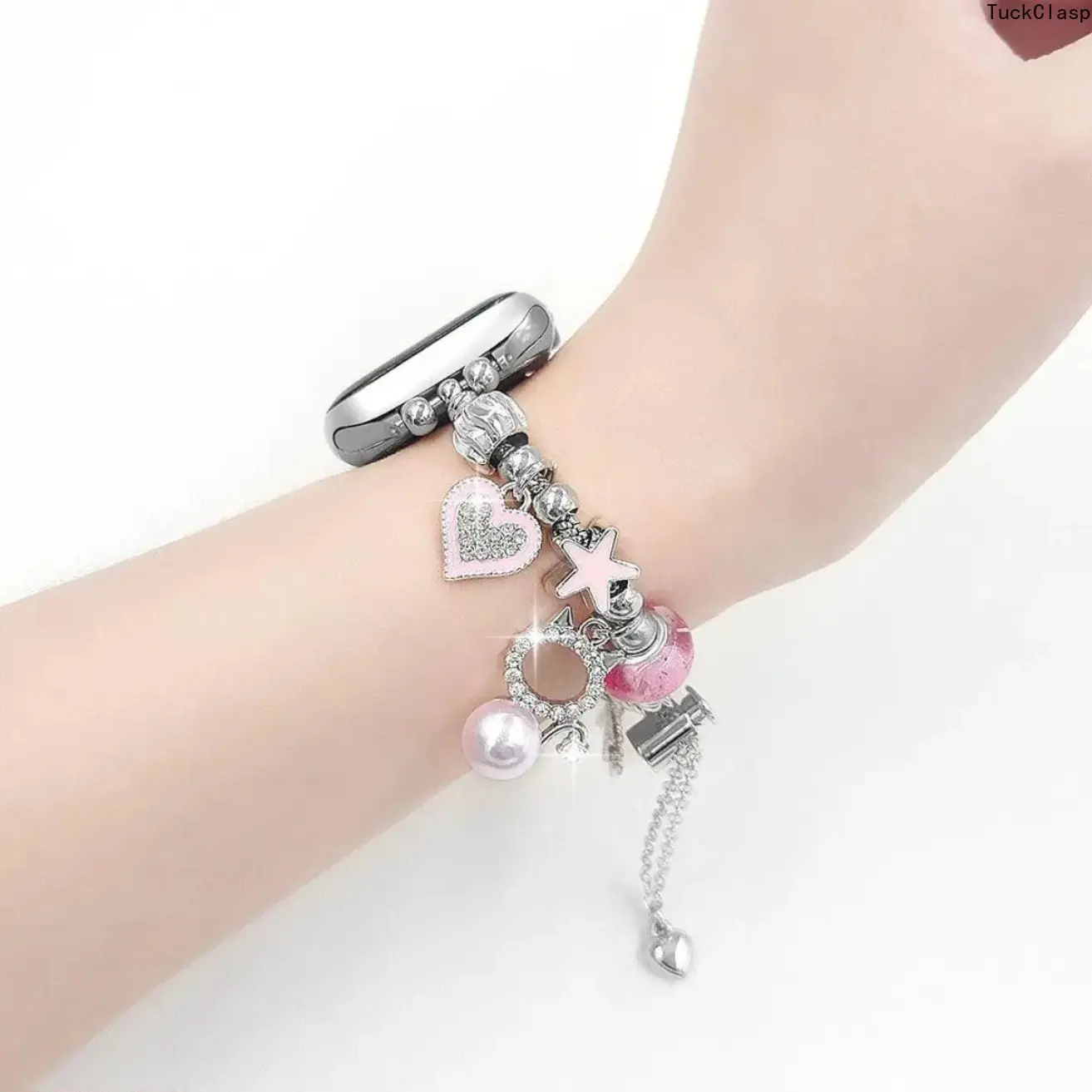 Beaded Bow Knot Heart Metal Watch Bracelet Band Compatible with iWatch Series 5/6/7/8/9, SE & Ultra, Elegant Jewelry-Style Wristband for Women and Girls, Stylish Replacement Watch Strap (Watch Not Included)