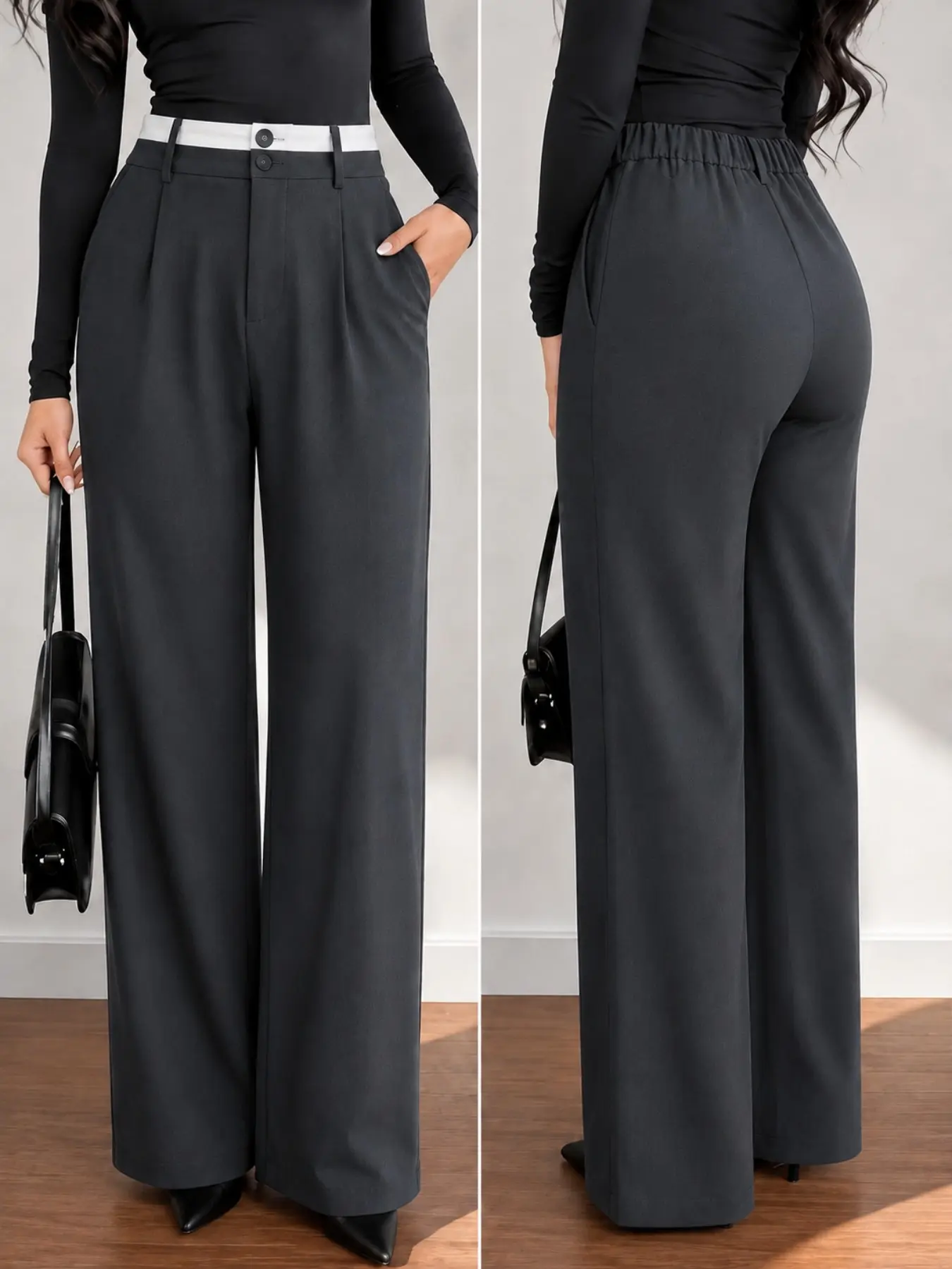 Plus Size Women’s High Waisted Wide Leg Dress Pants, Contrast Waistband Front Pleated Trousers with Side Pockets and Elastic Back Waist for Office, Business Casual and Everyday Wear