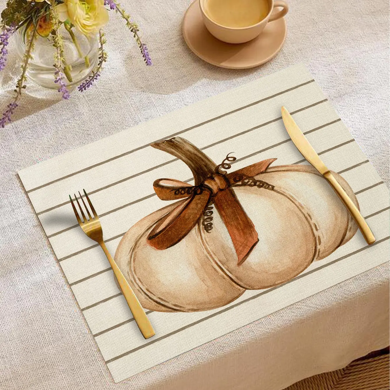 Autumn Thanksgiving Harvest Stripe Pumpkin Table Placemats, Heat Resistant, Minimalist Style, Ideal for Festive Dinners & Daily Use