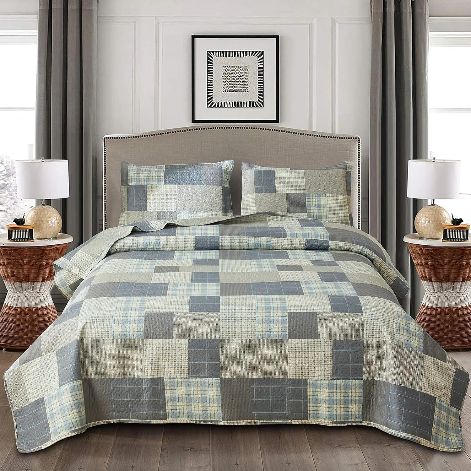 Grey Blue Yellow Bedding  Quilt Full/ Size Summer Patchwork Quilts Lightweight Soft Breathable Check Bedspread Gingham Bedding Checker  Coverlet Bed Cover Set Geometric  Decor