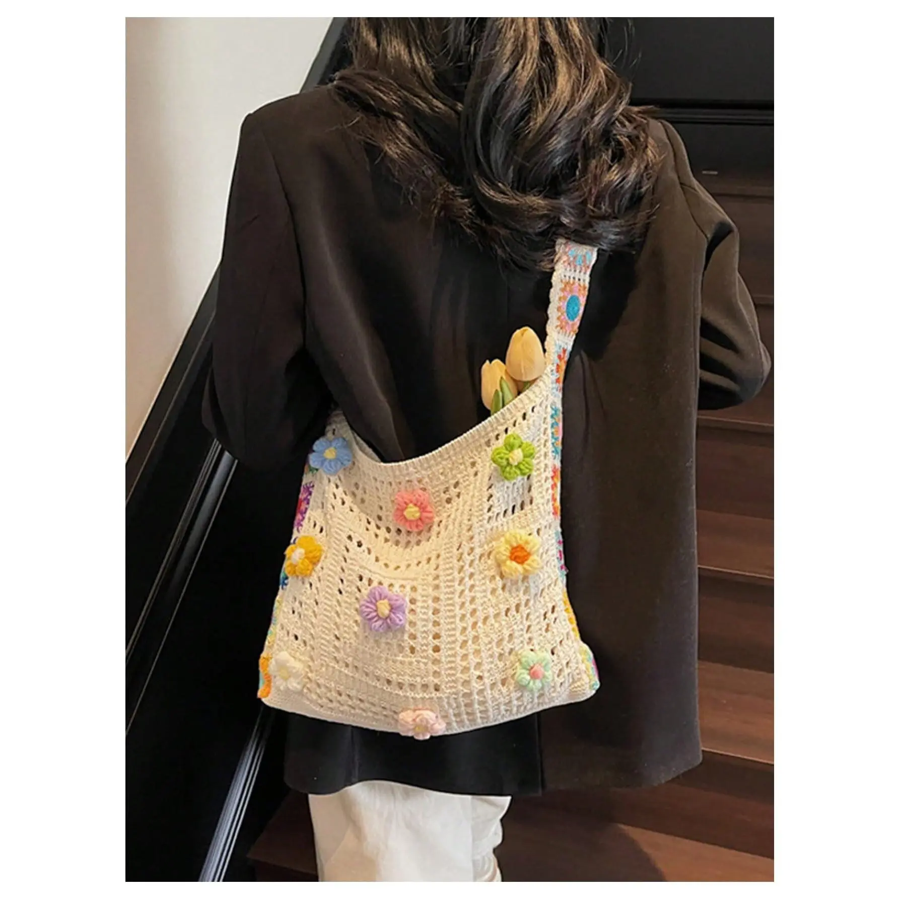 Boho Floral Appliques Crochet Tote Bag Hollow Out Knit Shoulder Handbags