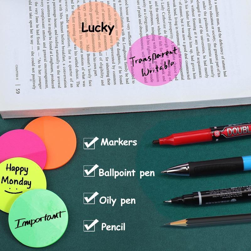 Transparent Sticky Note, 8 Counts/160 Sheets Round Colorful Sticky Note, Waterproof Sticky Memo Pad, Office Stationery & Supplies