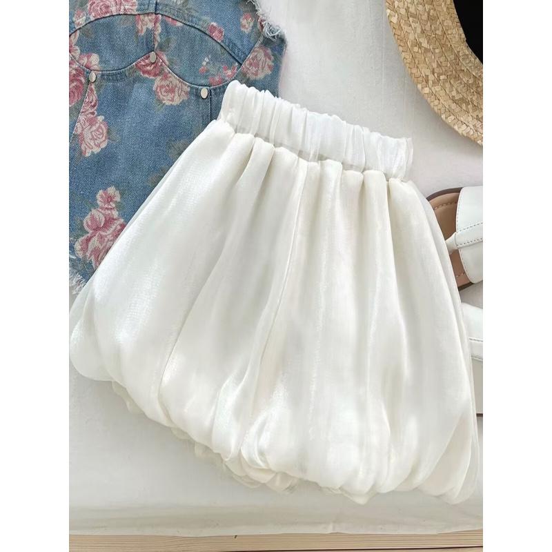 New(New)Summer French Sweet Style Sleeveless Denim Print Camisole + Solid Color Tulle Pants 3-7 Year Old Girls' Two-Piece Set with Irregular Hem + Frayed Edge Decoration