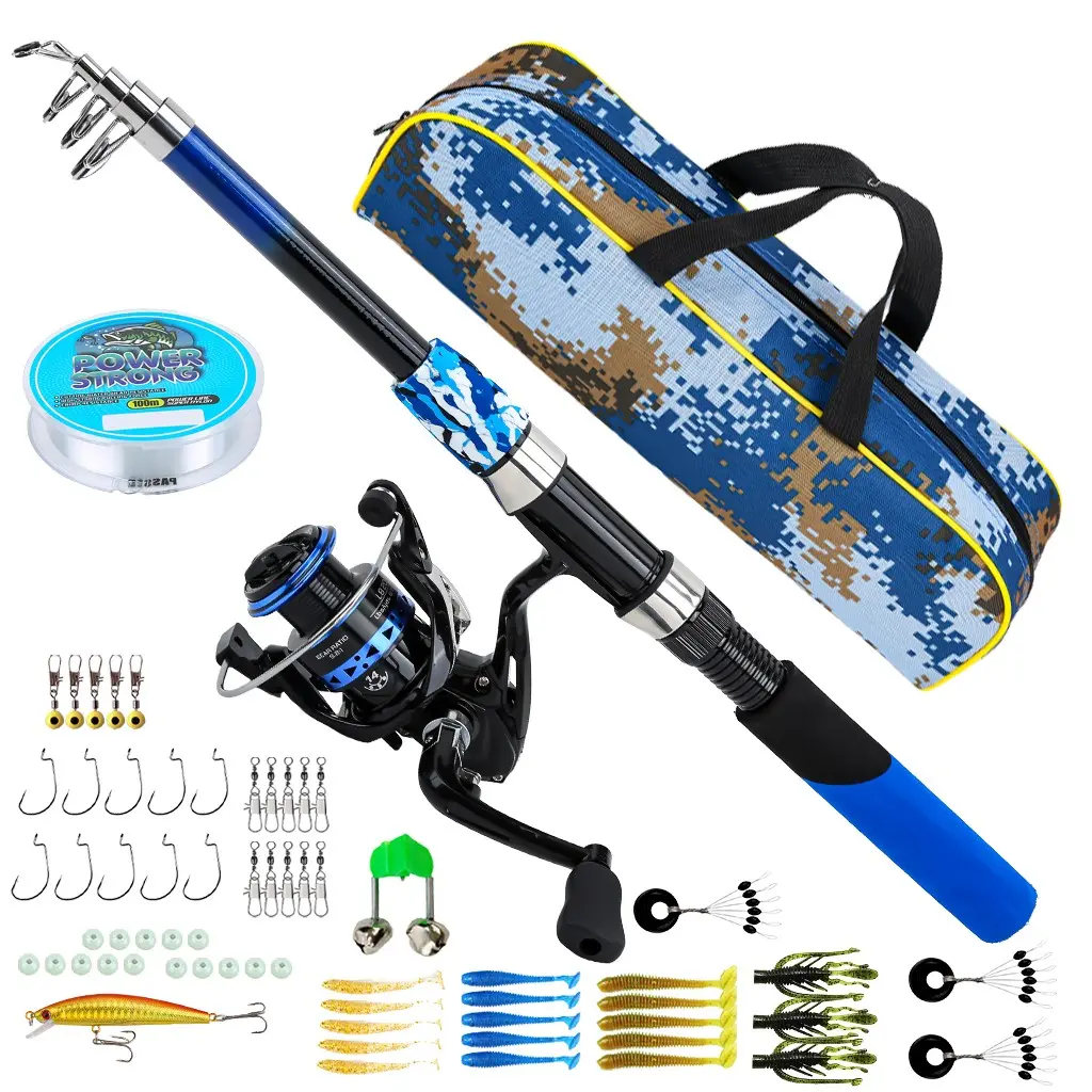 Camouflage Blue Telescopic Fishing Rod and Reel Set, Fishing Combo, Freshwater Fishing Gear Kit with Storage Bag, Beginner-Friendly Gift for Anglers