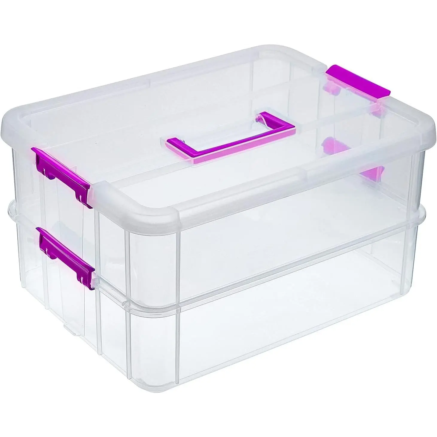 2 Layer Stack & Carry Box, Plastic Multipurpose Portable Storage Container Box Handled Organizer Storage Box for Organizing Stationery, Sewing, Art Craft, Jewelry and Beauty Supplies(Purple)