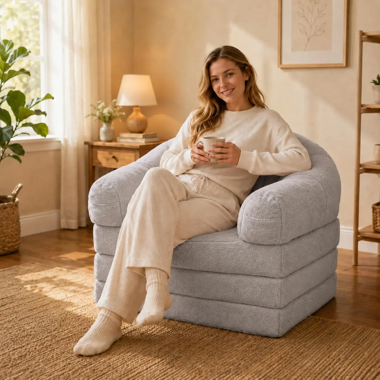 Gray Corduroy 2-in-1 Convertible Folding Sofa Bed - Floor Lounger with Backrest, Bean Bag-Style Comfort Seating for Living Room, Bedroom