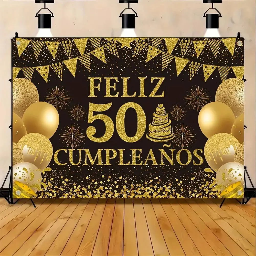 50th Anniversary Spanish Golden Backdrop - Premium Polyester Home Decor Tapestry, Family Father's Day Baby Shower Engagement Thanksgiving Event Wall Hanging, Studio Photo Prop, Independence Day, Easter