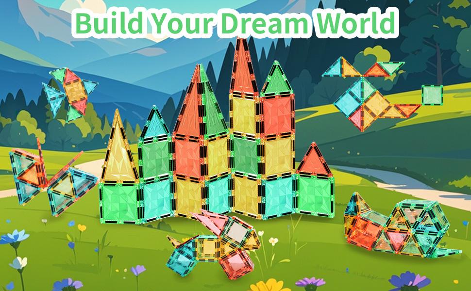 YRZtiles 100 Pcs Magnetic Tiles,Magnet Building Blocks Construction Stacking Educational Preschool STEM Toy Creative Playboard for Kids Baby Child Ages 3+