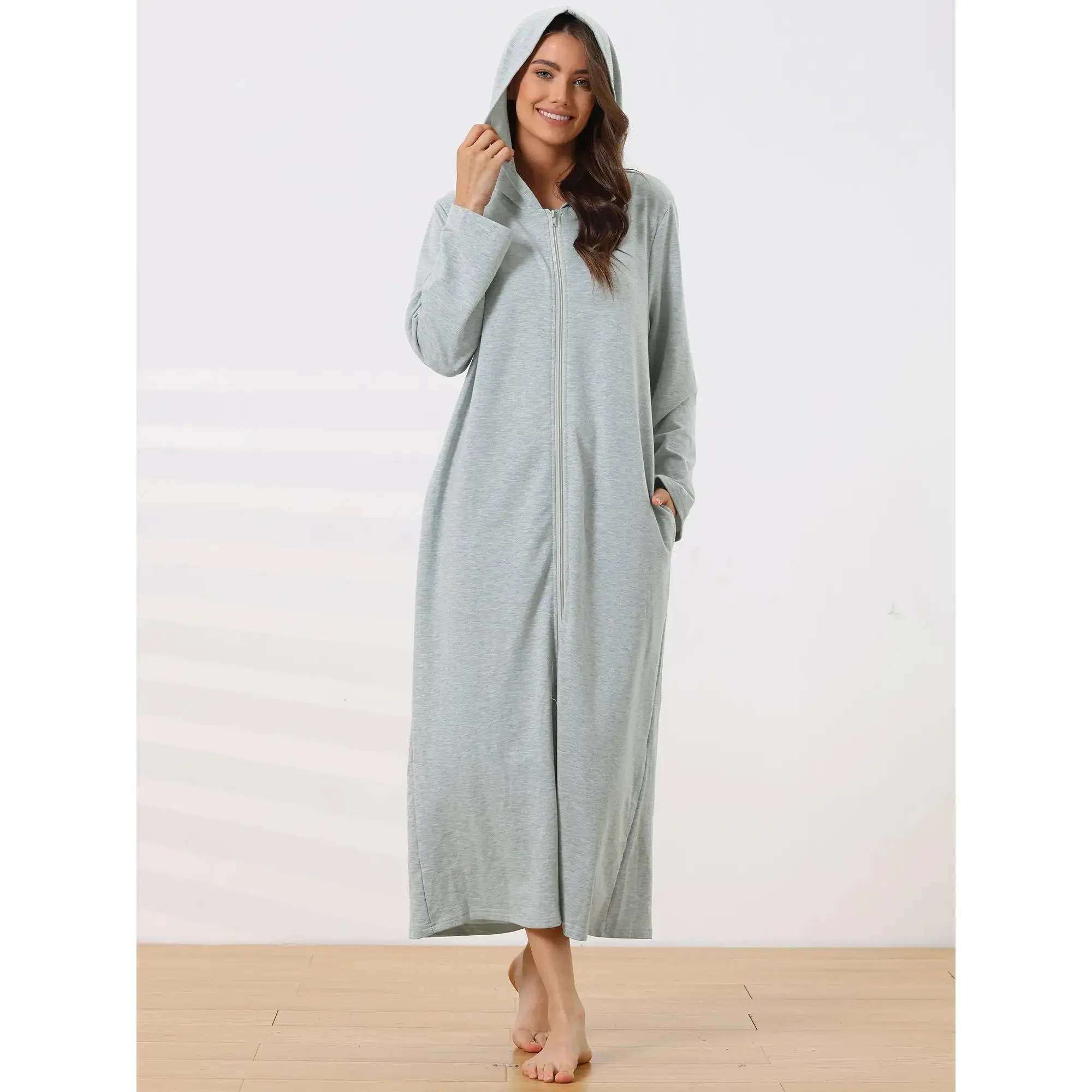 Women's Robe Zip Front Hooded House Dress Nightshirt Housecoat Hoodie Long Loungewear Bathrobe