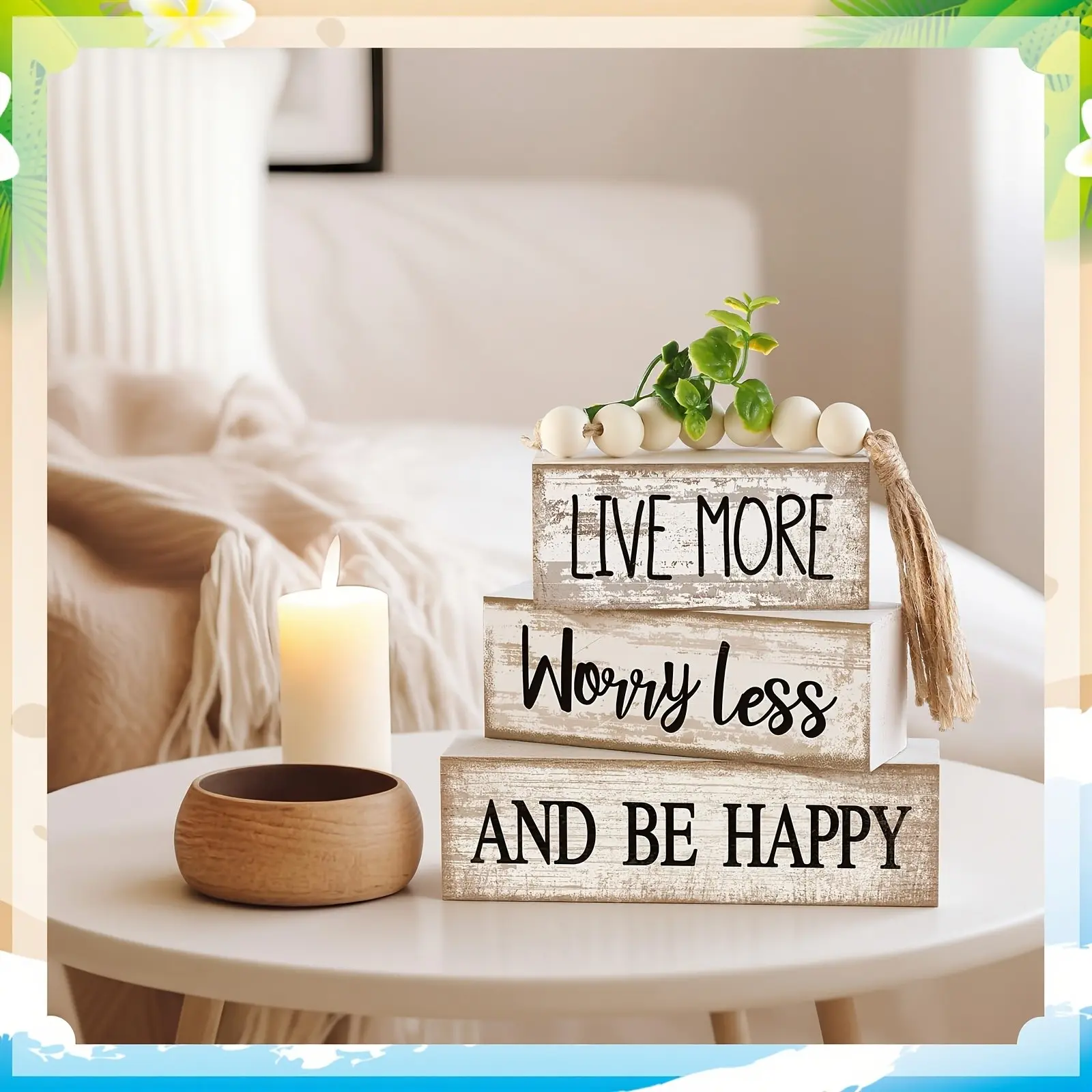 Rustic Wooden Inspirational Tiered Tray Decoration - Live More Worry Less Table Centerpiece Blocks - Classic Farmhouse Home Decor for Living Room, Bedroom, Entryway, Desk, Tiered Tray, Bookshelf -Perfect Home Props for Positive Decor