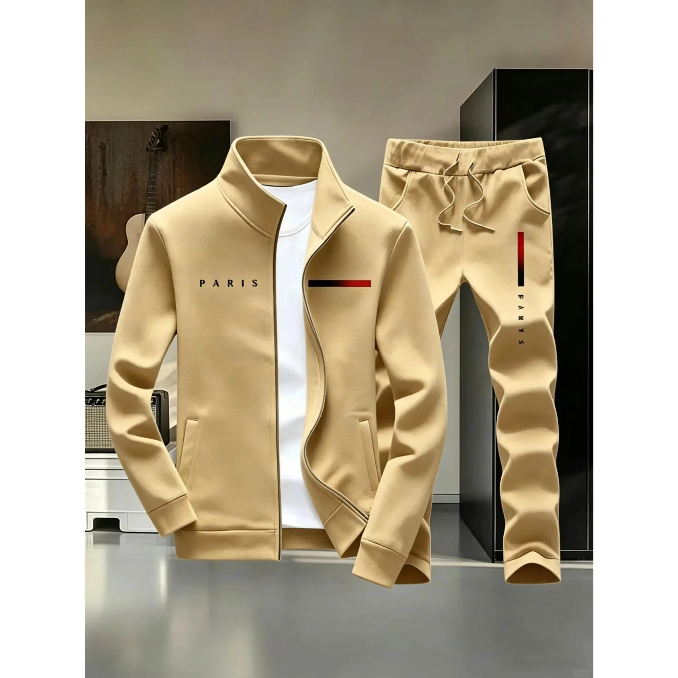 Men's Streetwear Tracksuit 2-Piece Set with PARIS Letter Print, Zip-Up Jacket and Jogger Pants tiktokshopspringglowup Menswear