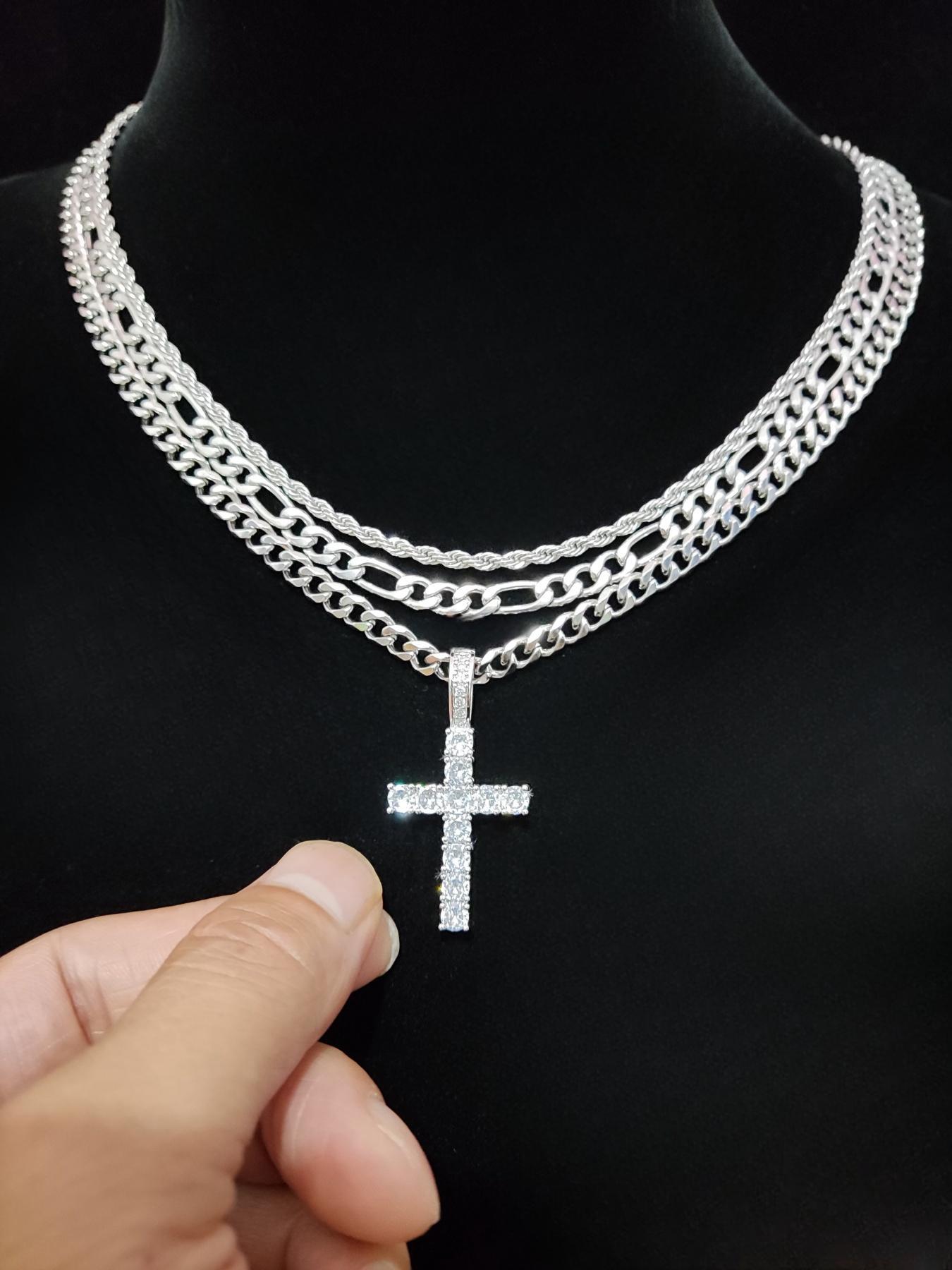 Street Style Rhinestone Decor Necklace Set, Including Cross Necklace & Cuban Link Chain Necklaces, Fashion Jewelry for Party, Daily Decor, Exquisite Jewelry for Gift