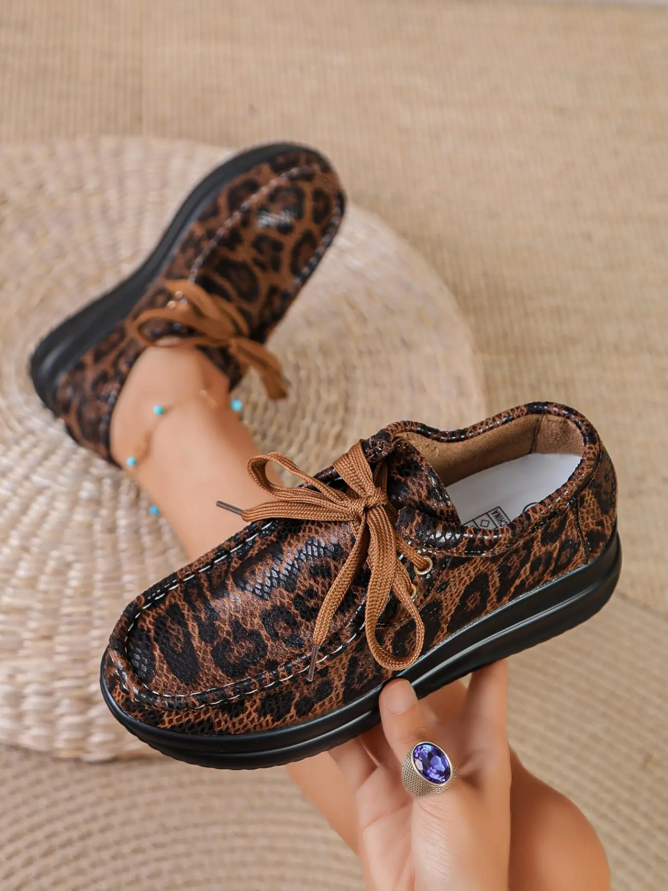 Women's Leopard Print Lace-Up Thick Sole Platform Shoes, Retro Slope Heel Heightening Anti-Slip Casual Walking Sneakers