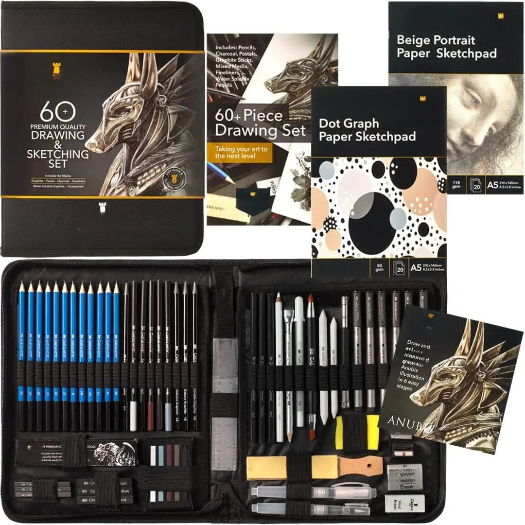 60 count Drawing & Sketching Set | Quality Graphite, Charcoal, Pastel, Water Soluble Pencils + Sticks, Fineliners | for Professional and Adult ists | in Carry-Anywhere Zip Case