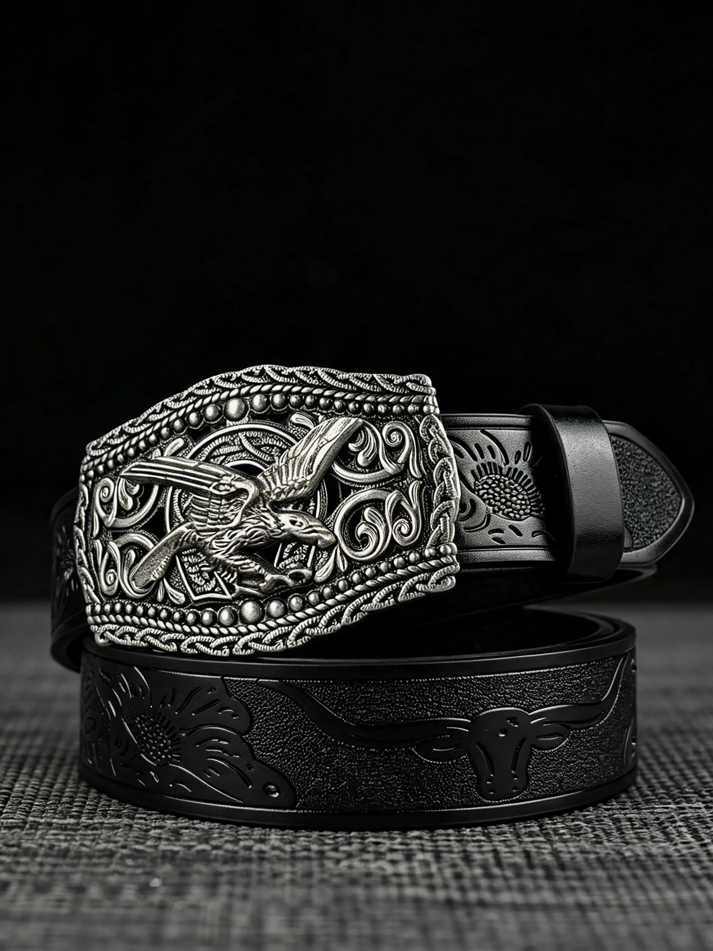 Retro Western style buckle belt, hollowed out design, silver eagle relief, 3.7cm/1.46in wide personality embossed belt, unisex belt, suitable for Halloween and street dressing.