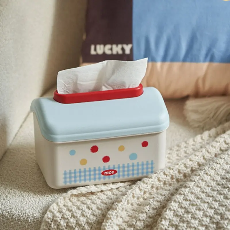 Cute Cartoon Plaid Square Napkin Holder with Spring Support, Macaron Color House Shape, Plastic Decorative Paper Towel Rack, Dust-Proof Storage Box