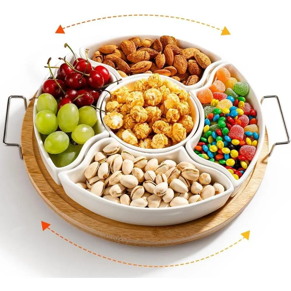 Ceramic Divided Serving Dishes with 360° Rotatable Bamboo Tray and Handles, 5 Removable Relish Trays for Chips & Dip, Veggies, Candy and Snacks