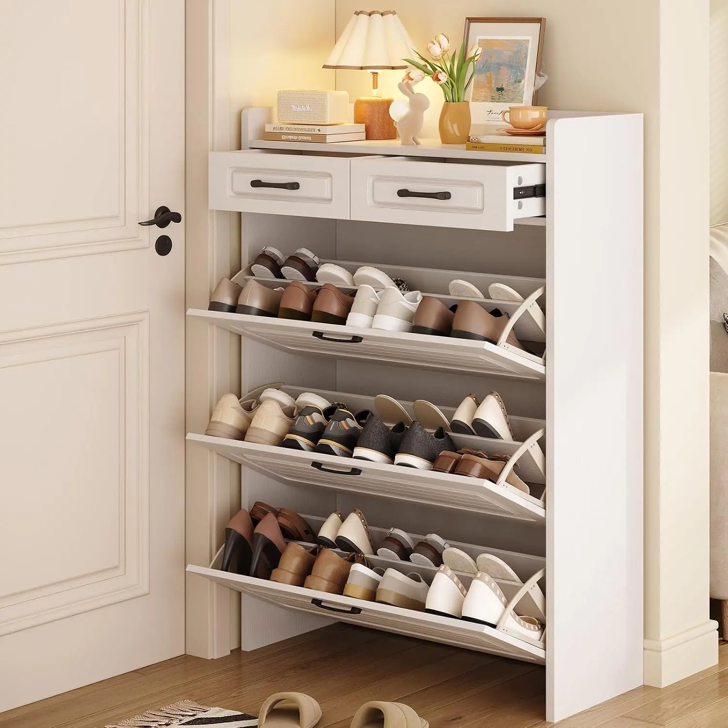 Lakifun Shoe Cabinet for Entryway, Narrow Shoe Storage Cabinet with 3 Flip Drawers and 2 Top Drawers, Modern Shoe Rack Organizer Cabinet for Hallway, Apartment, Living Room, White