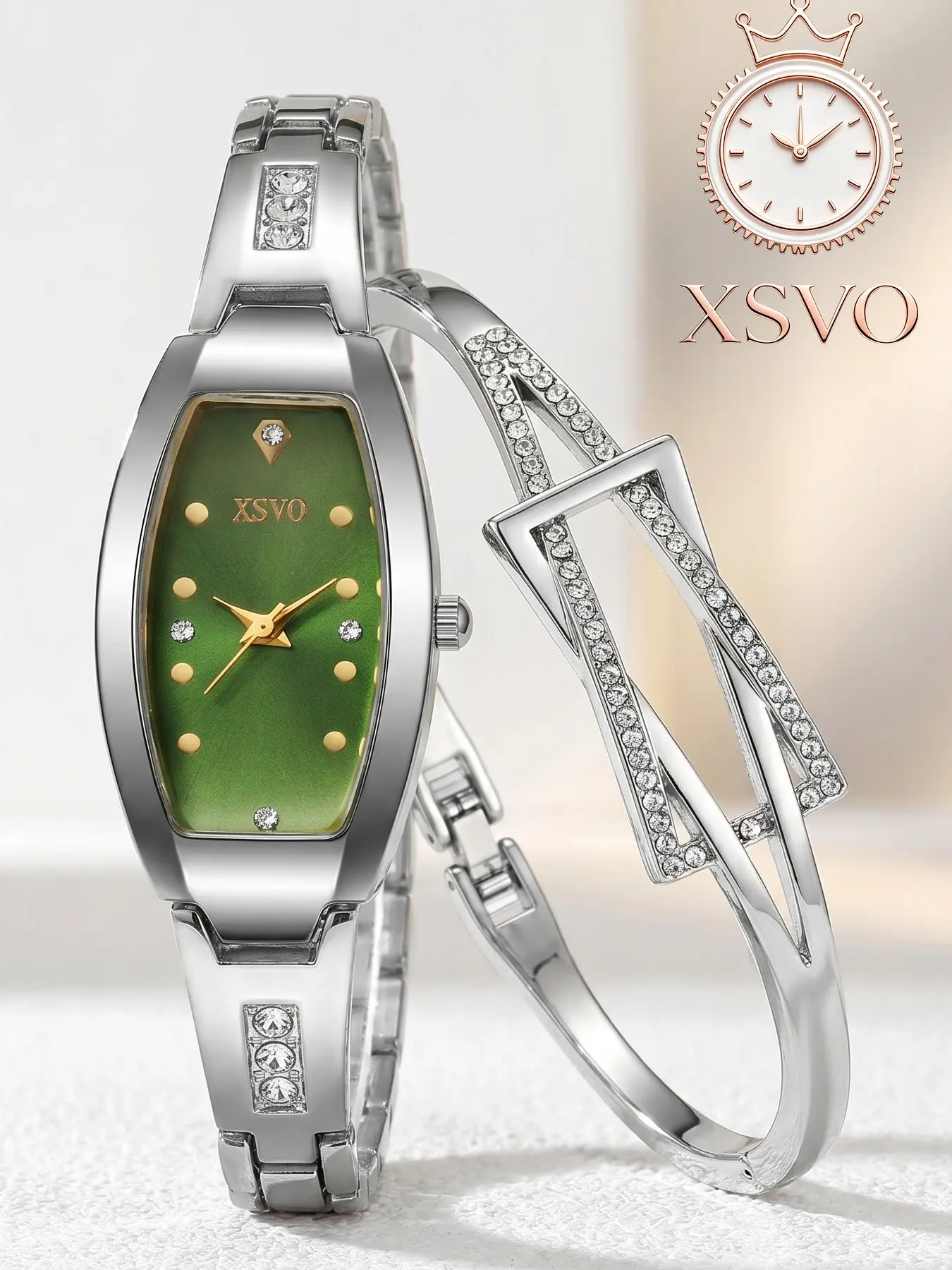 Xsvo 2-Piece Set Olive Quartz Watch with Steel Strap, Rhombus Full-Diamond Bracelet, Elegant Ladies' Analog Watch for All Seasons