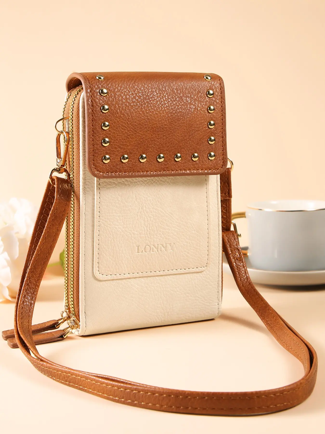 Women PU Leather Mini Crossbody Phone Bag, Rivet Flap Cellphone Purse, Multi‑Card Slots Wallet Purse, Dual Zipper Compartment, Faux Leather Vertical Shoulder Pouch, Fits 6.9‑inch Smartphone, Fashion Riveted Hardware Ladies Compact Daily Carry Handbag