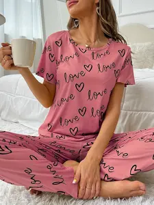 Women's Casual Pajama Set, Short Sleeve Round Neck Heart Letter Print Top and Pants, Comfortable Daily Sleepwear for Home
