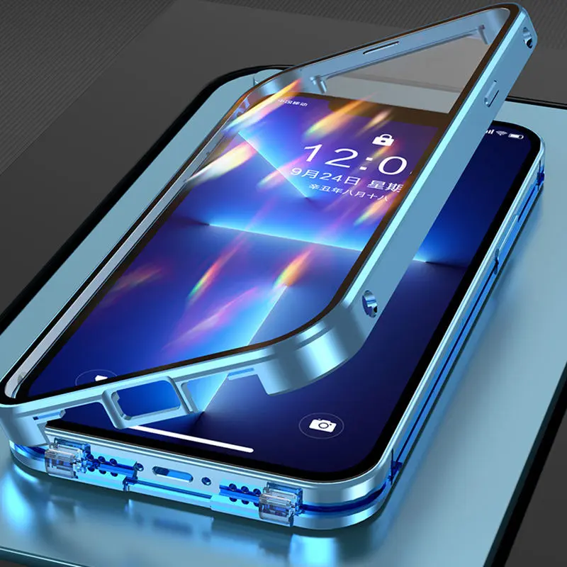 iPhone 17 Air 16 Pro Max Case, Magnetic Metal Full Protection Dual-Sided Glass Snap Button Cover, Compatible with iPhone 14 11 12 13 15 Pro Max