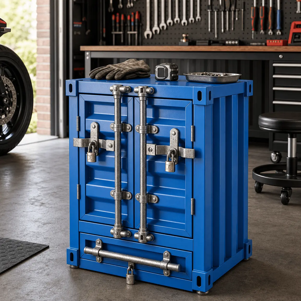 Industrial Metal Storage Cabinet, Container Style Lockable Accent Cabinet with Double Doors, Shelves, and Drawer for Garage, Bedroom, Living Room, Office, Man Cave