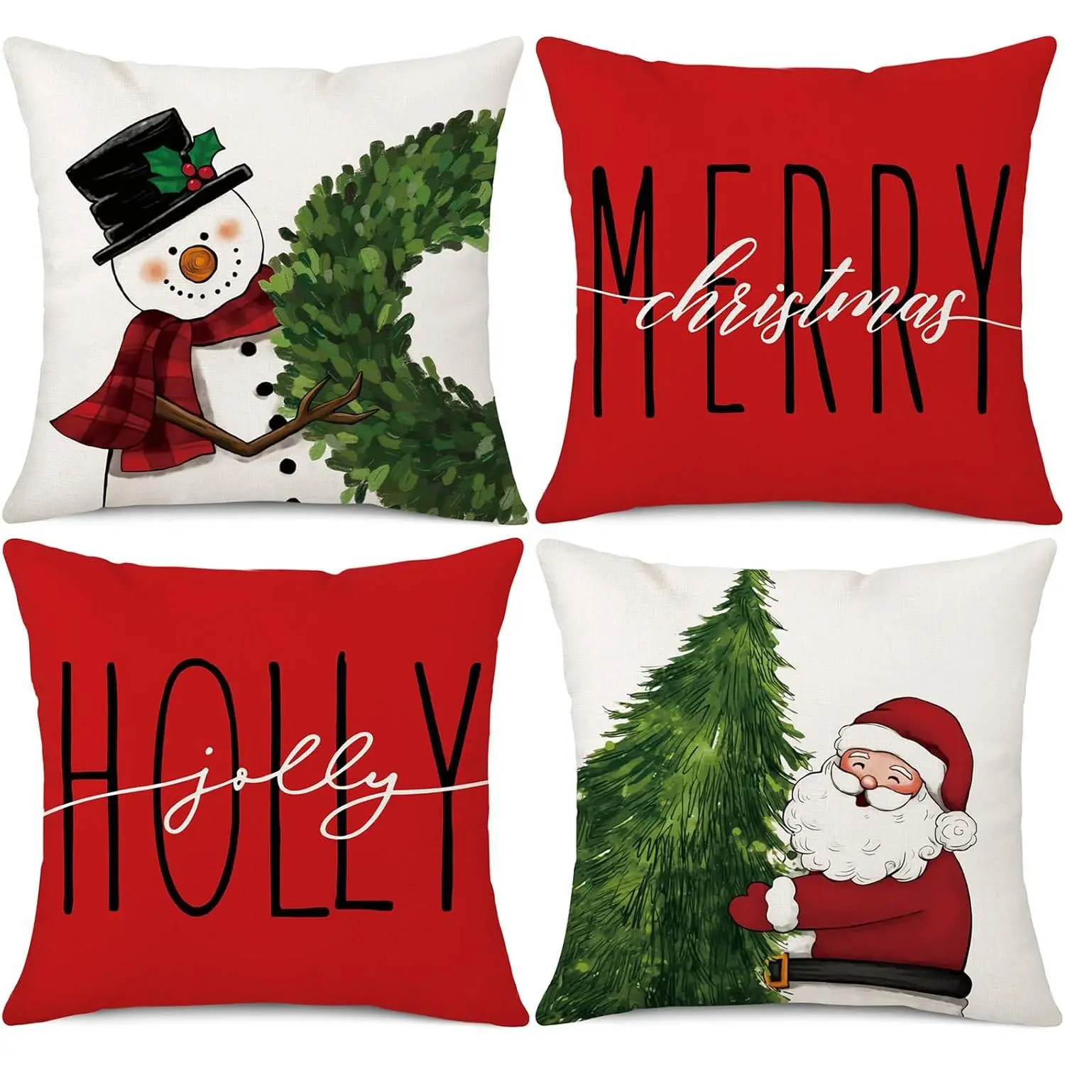 Red Christmas Pillow Covers 18x18 Set of 4 for Christmas Decorations Santa Claus Merry Christmas Holly Winter Holiday Decoration Cushion Case for Sofa Couch Home Decor