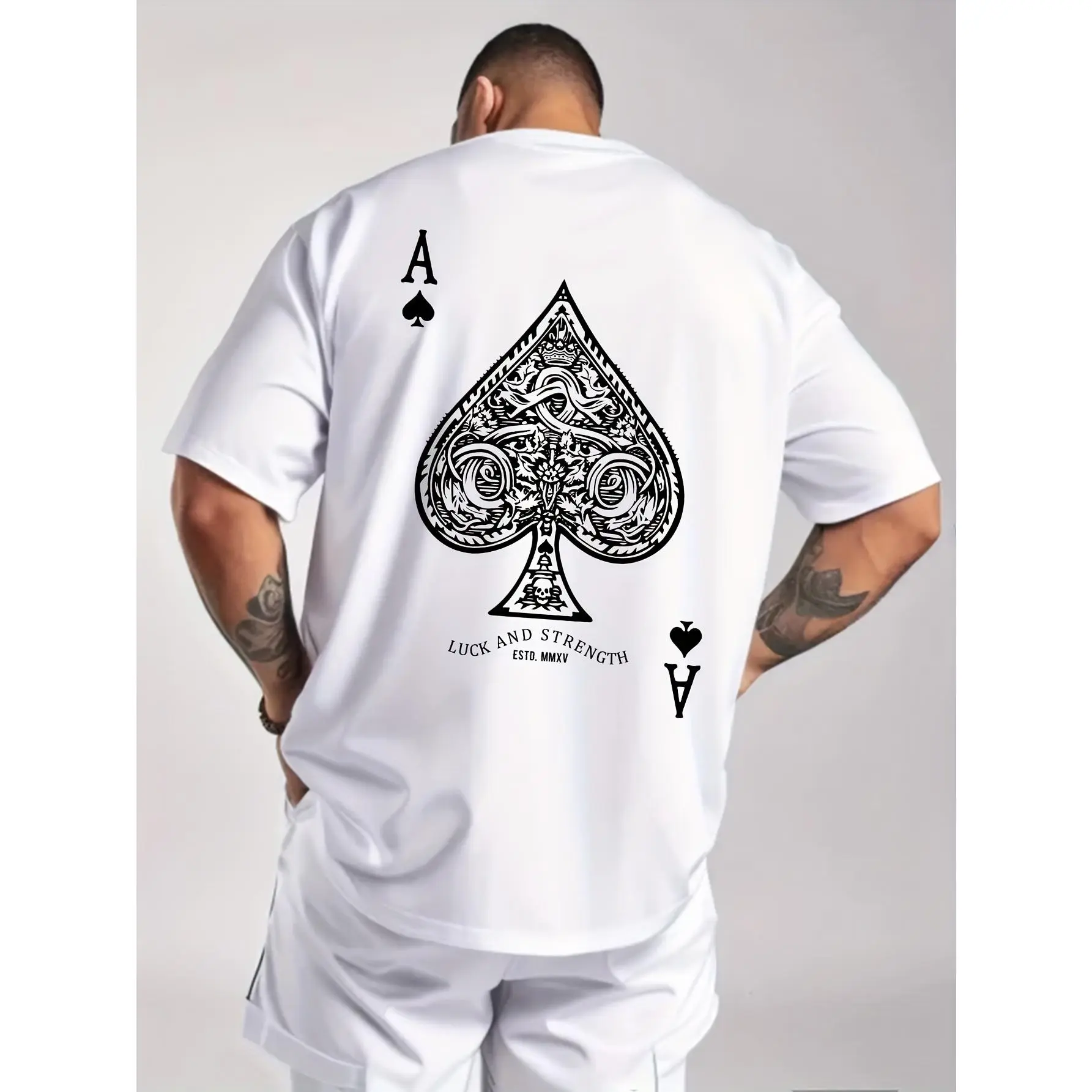 Men's Black Peach a Poker Pattern Casual T-shirt-Soft Polyester Blending, Round Neck, Short Sleeve, Machine Washable,back to school,back to school shopping
