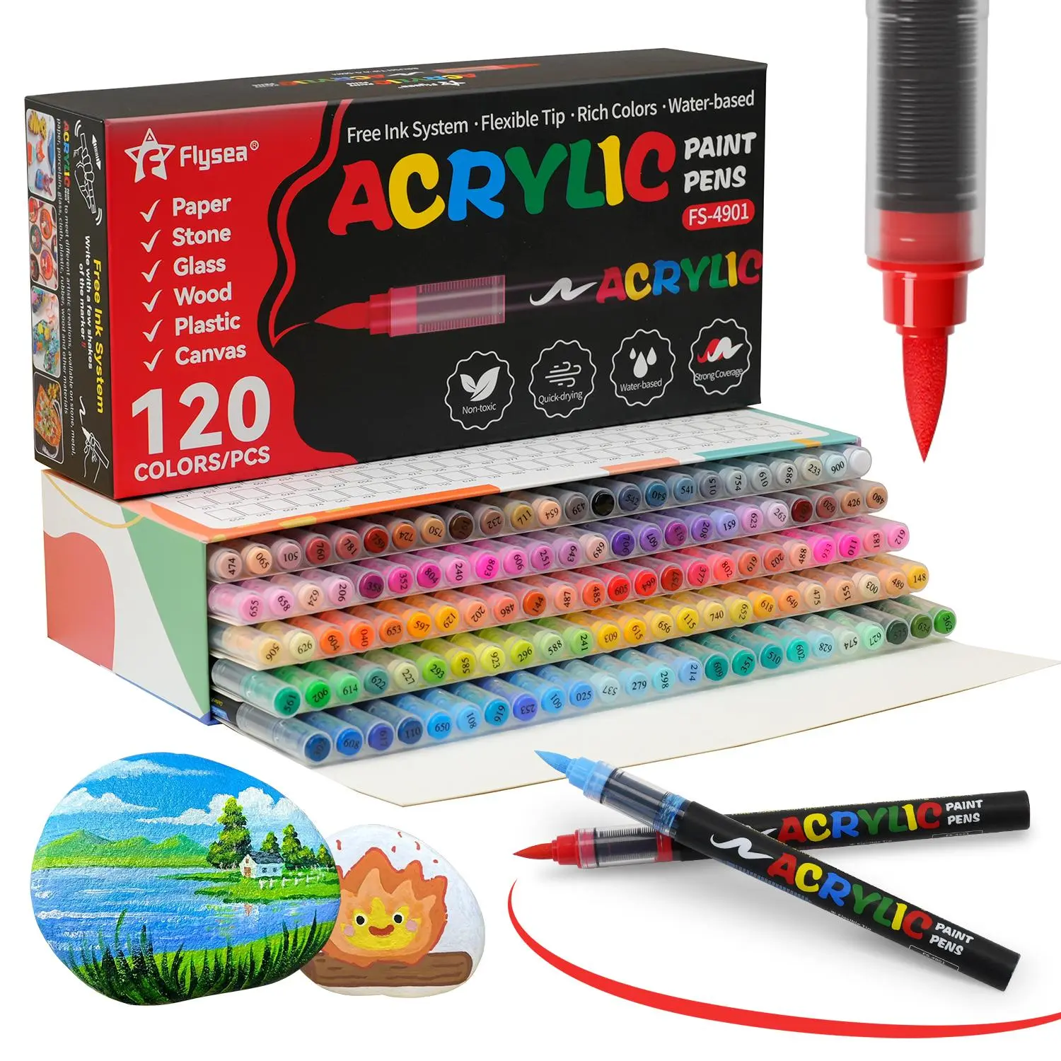 Acrylic Paint Pen Set, 12/24/36/48 Colors Brush Tip Acrylic Paint Pen, Acrylic Paint Markers, Waterproof & High Saturation Ideal for Wood, metallic, Plastic, Canvas, Fabric, Glass, Ceramic, Rock Painting #GLOBAL PICKS