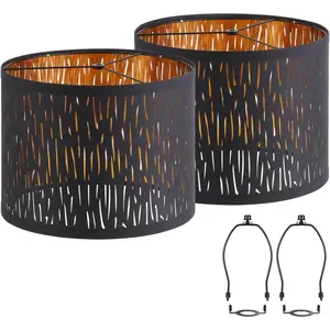 Black Lampshades Set of 2, Drum Lamp shade with Hollow-carved Design, 12.7" x 12.7" x 10 Inches Lampshades for Table Lamp, Floor Lamp, Pendant Light, Lamp Shade Harp Holder Included