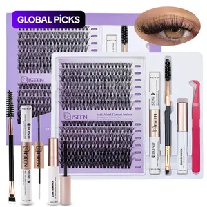 False Eyelashes Kit, 1 Set D Curl Eyelash Clusters, Fluffy Eyelash Clusters with Eyelash Glue, Remover, Brush & Tweezers, Eyelash Extension Kit for Women & Girls