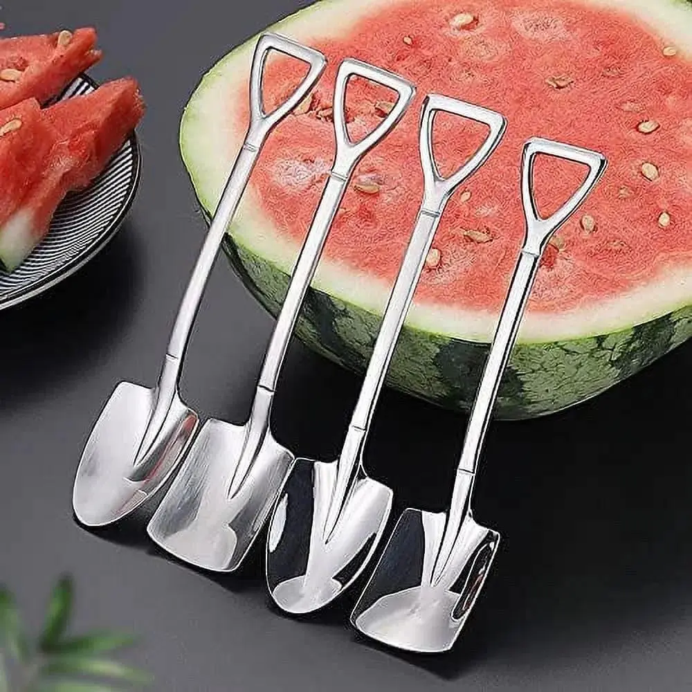 4 Pack Shovel Shape Dessert Spoons, Stainless Steel Ice Cream Spoons Set, Cute Mini Serving Utensils for Cake, Fruit, Coffee, Kitchen Dining, Home Restaurant and Party Use
