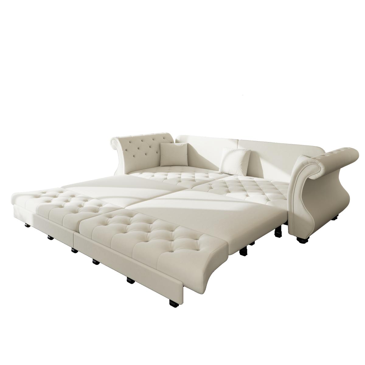 97.6" Oversized  Chesterfield Pull Out Sofa Bed, Classic Roll Arm Velvet Couch with Flower Tufting, Upholstery for Living Room/Bedroom/Apartment, Beige/White