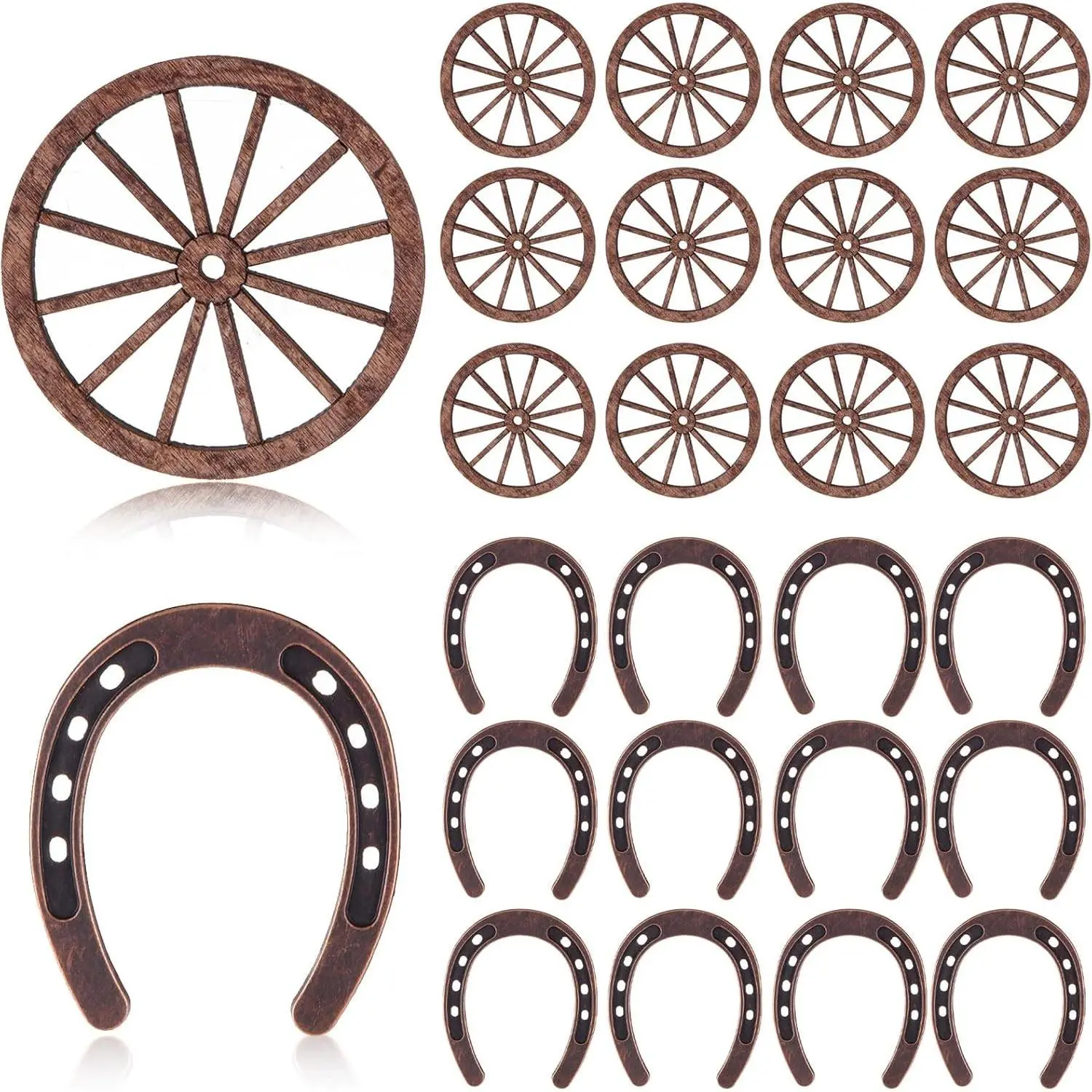 24 Pcs Western Theme Mini Horseshoes Wagon Wheels Decorations for Cowboy Cowgirl Birthday Party, Wedding Table Centerpieces, Rustic Craft for Western EventsGift