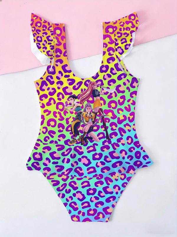 Girls Kpop Demon Hunters One-Piece Swimsuit, Colorful Polka Dot Group Image Print, Ruffled Sleeveless Swimwear, Summer Beach Wear