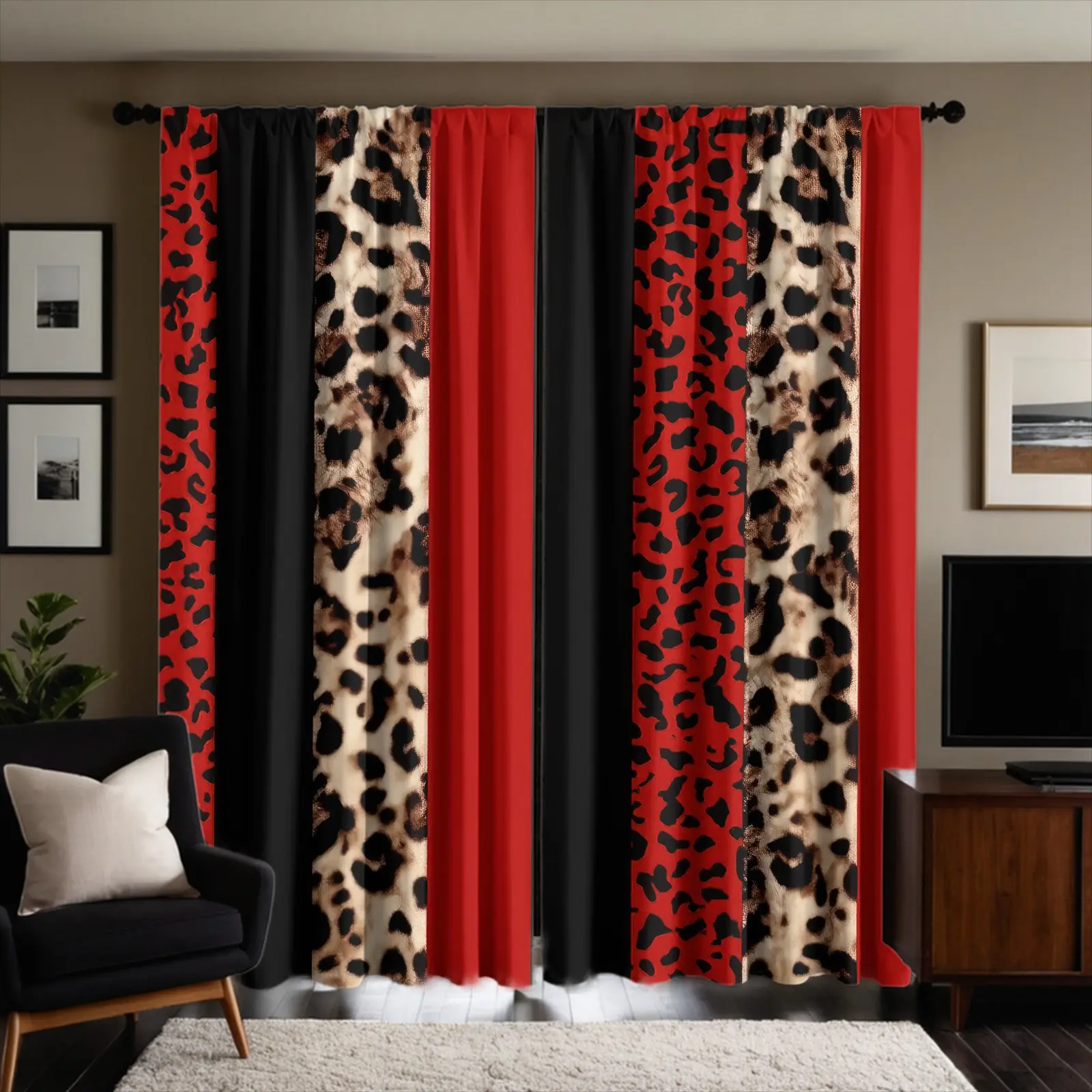 Set of 2 Brushed Fabric Curtains, Vertical Stripe Leopard Patchwork Pattern Digital Print Window Drapes, Semi-Transparent & Fade Resistant, Through Rod Hanging Design, for Teen Girls Bedroom, Y2K Fashion Room