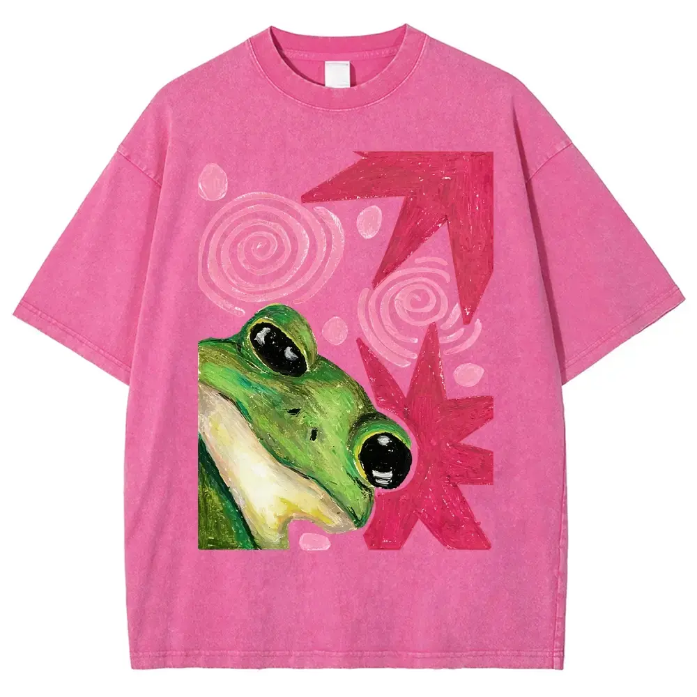 Cute Frog Graphic T-Shirt, Retro Y2K Aesthetic Vintage Washed Tee, Artistic Cartoon Frog Shirt, Casual Unisex Short Sleeve Top