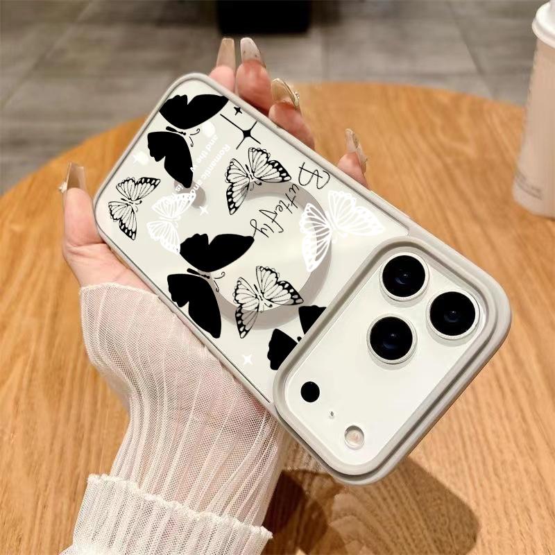Black and white butterfly Magsafe Phone Case Shockproof Compatible for iPhone 17 Pro Max Air 16 16e 15 14 Plus 13 12 11 X XS Magnetic Hard Acrylic Back Soft TPU Edge Shock-resistant Cover Gift 2D printing