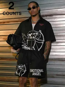 Mens Y2K Black Graphic Matching Set, Emotional Angel Slogan Shirt And Shorts, Streetwear Summer Outfit #springsaledeals2026 #retrostyle #mensoutfits #fyp