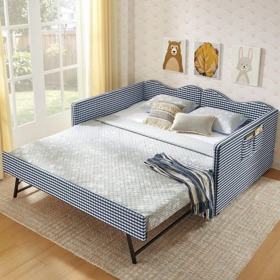 Twin Size & Full Size Upholstered Daybed With Trundle, Gingham Sofa Bed, Pull Out Guest Bed With Storage Pocket, Solid Wood Day Bed Frame, Space Saving Multifunctional Bed Bedroom, Apartment, Guest Room, Living Space