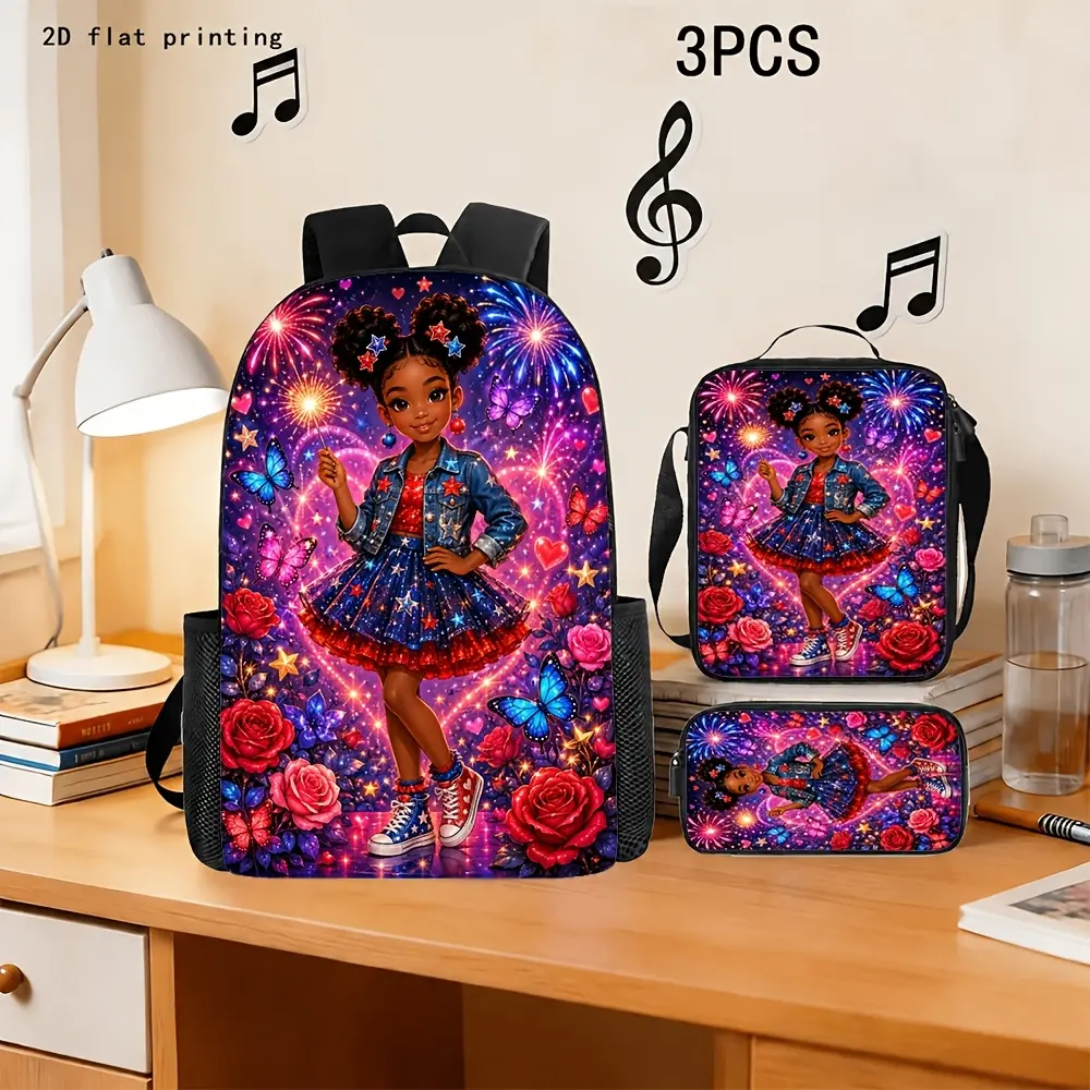 3pcs Large Capacity Backpack with Lunch Bag & Pencil Case Suitable for African American, Adjustable Laptop Compartment, Lunch Box, Pencil Holder, Zipper Closure, Machine Washable Bookbag for Supplies, for Teenager