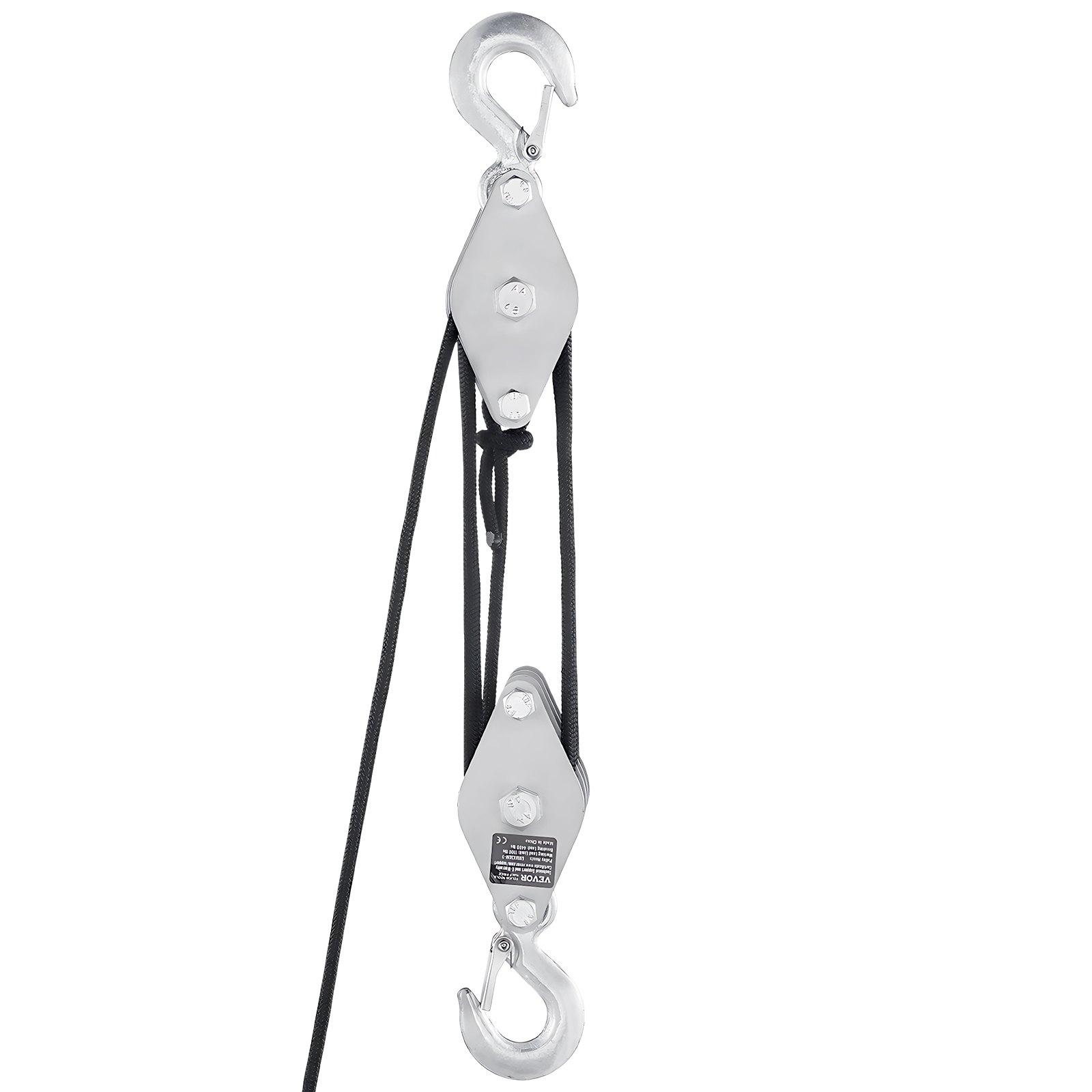 VEVOR 4400 lbs Breaking Strength 100 FT Rope Pulley Hoist, 5:1 Lifting Power Heavy Duty Pulley System with 2pcs Soft Loops, Metal Wheels Bearing Structure, Block and Tackle for Lifting Heavy Objects
