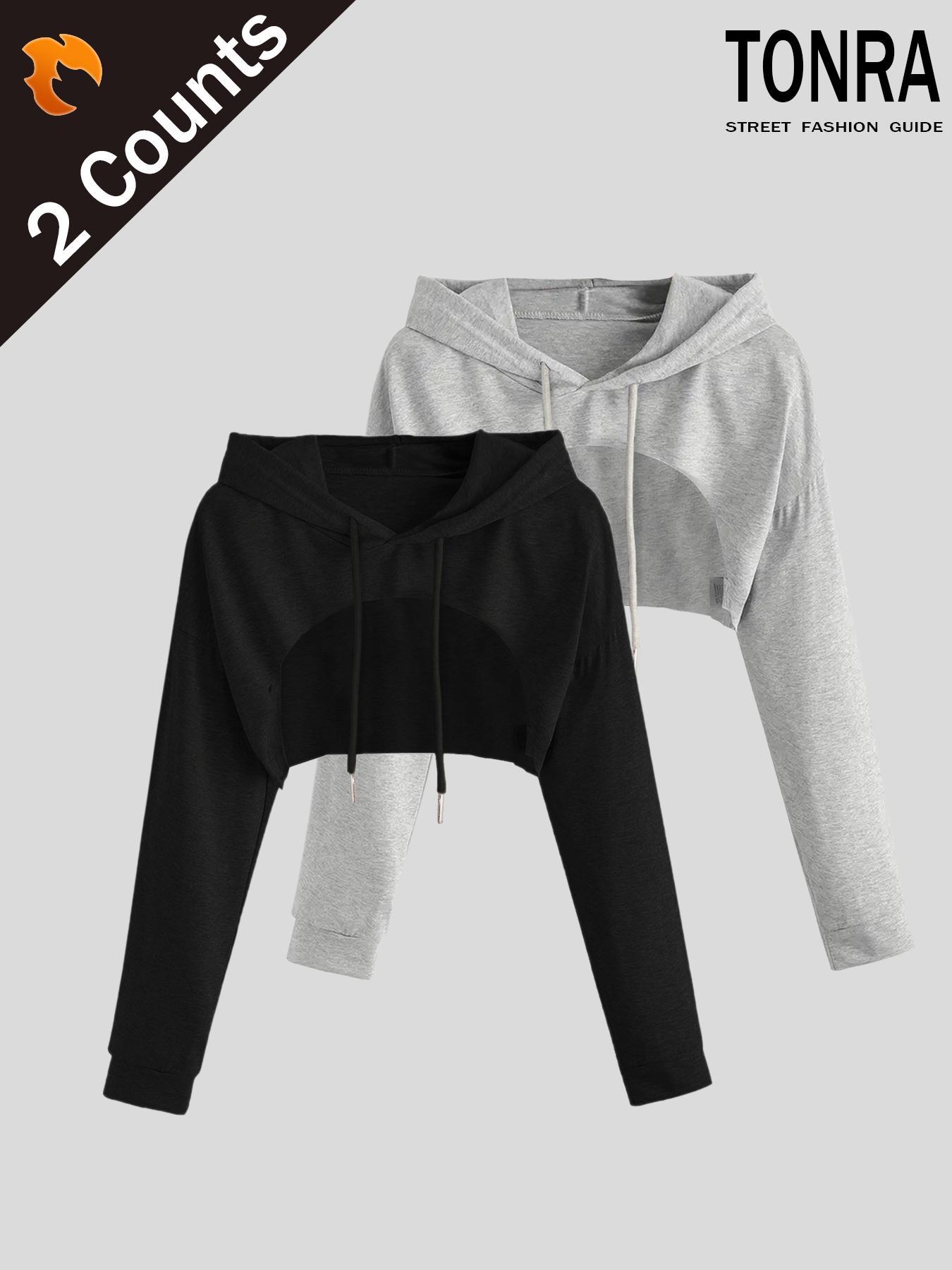 Women's Solid Drawstring Drop Shoulder Crop Hoodie, Casual Long Sleeve Hooded Sweatshirt, Casual Fitted Pullover for Spring & Fall, Ladies Clothes for Daily Wear