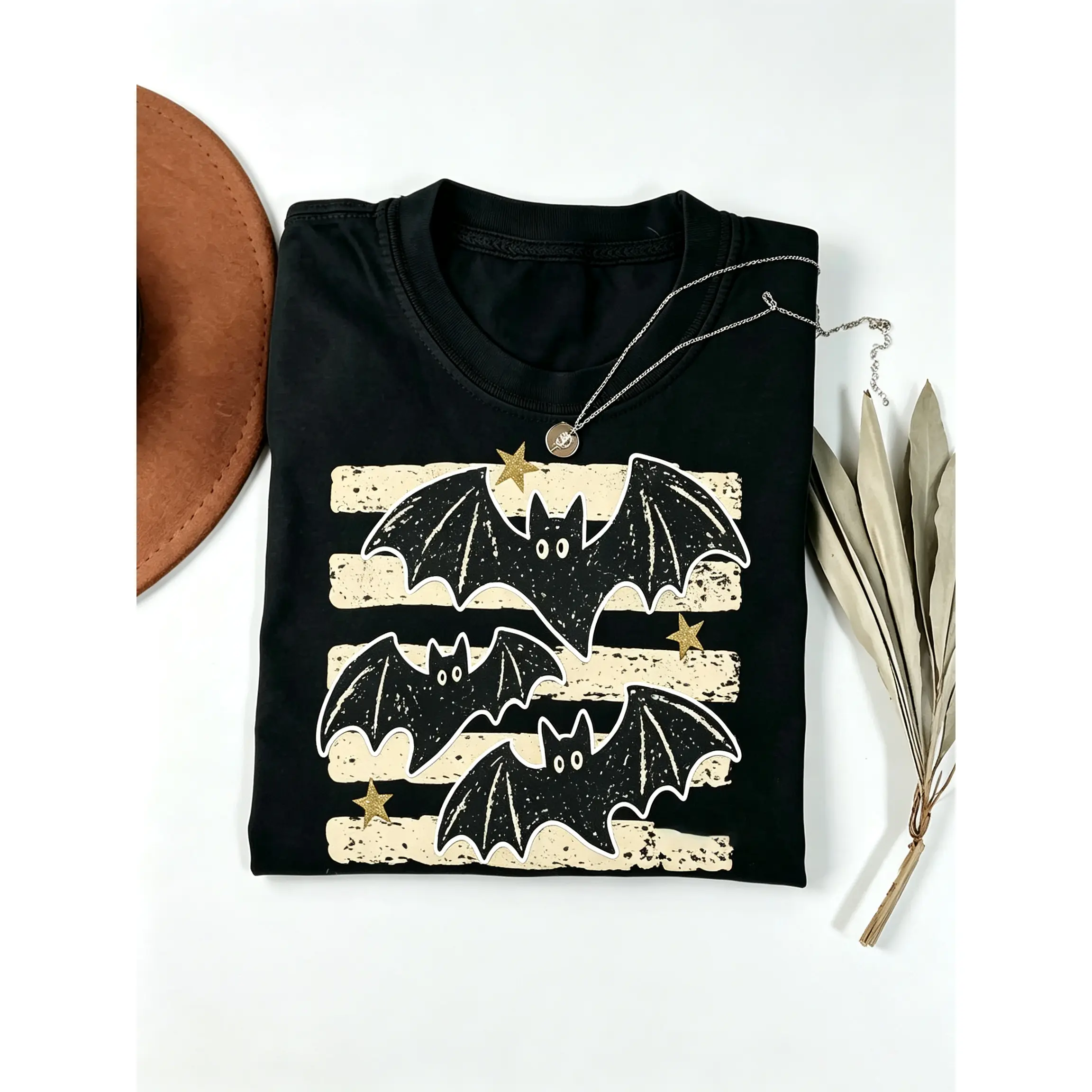 Halloween Bats Stripes Shirt, Distressed Spooky Season Tee, Vintage Fall Graphic T-Shirt, Trendy Halloween Mom Shirt, Autumn Apparel